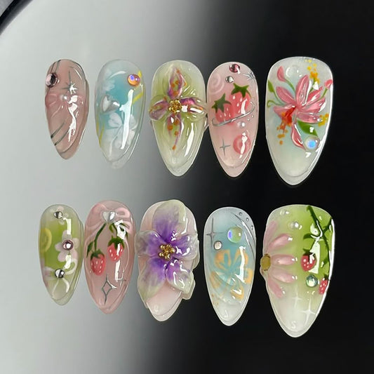 NZRAESTRS front packaging showing 30-piece floral press-on nails and tools benefits quick salon look