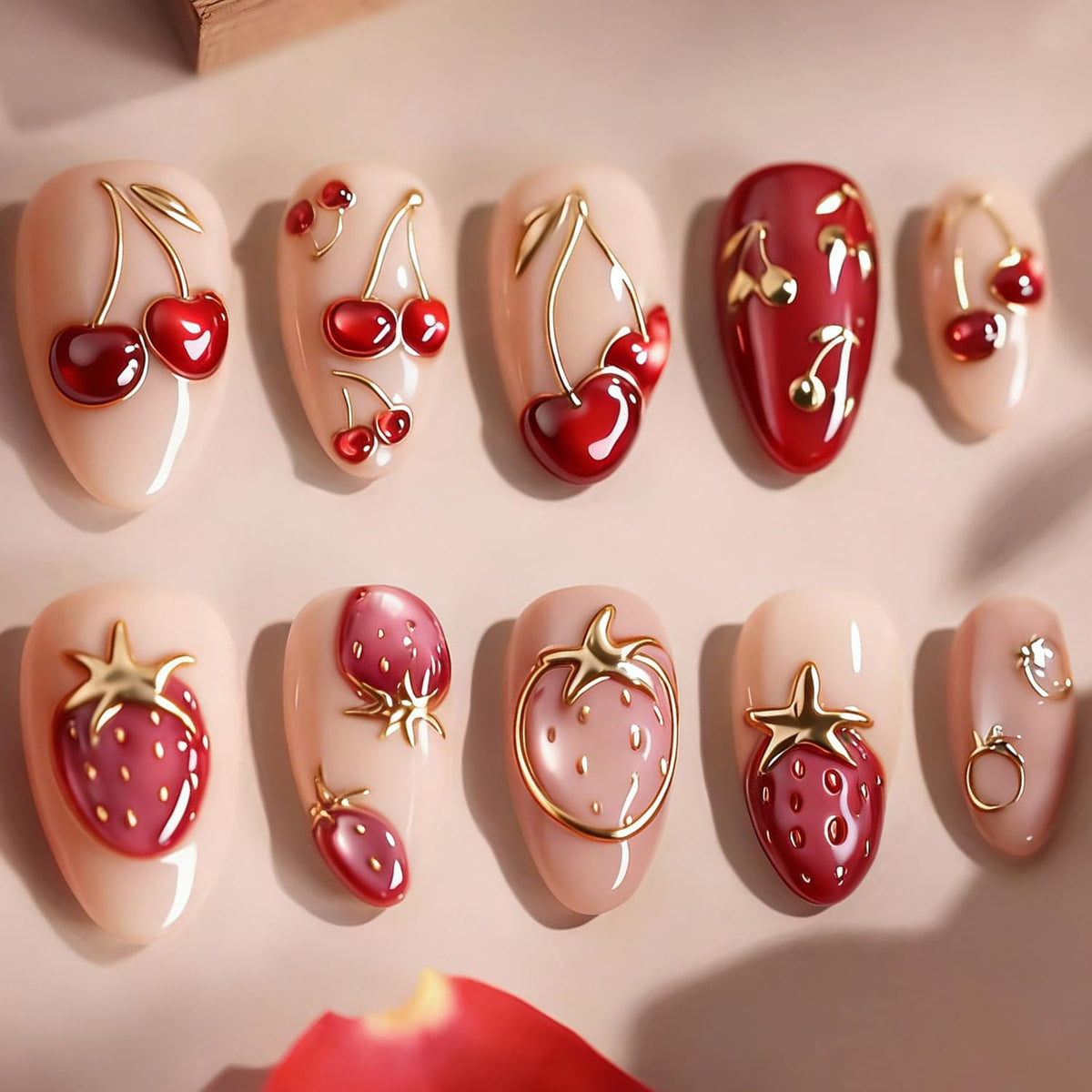 NZRAESTRS front packaging showing 30-piece strawberry cherry nail kit, easy salon results