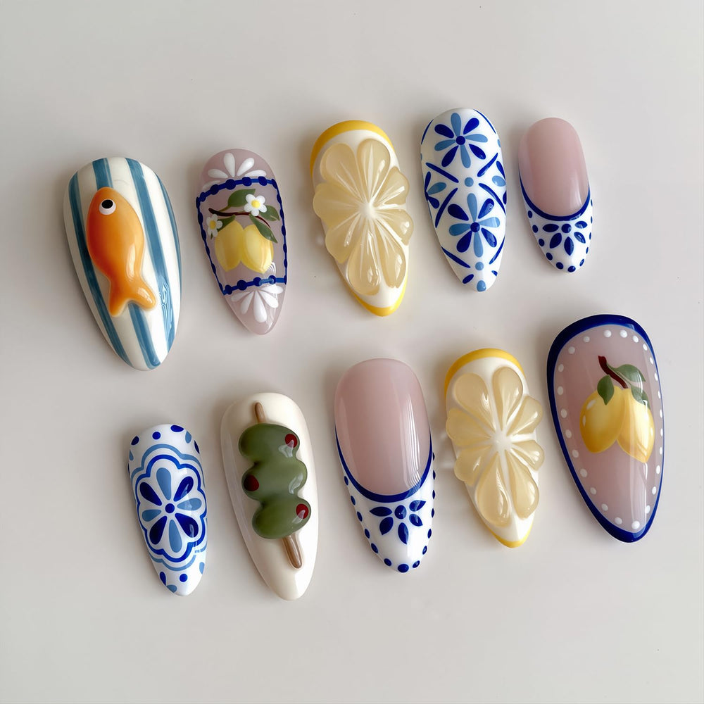 NZRAESTRS front packaging showing 24-piece summer almond nail set, easy salon look
