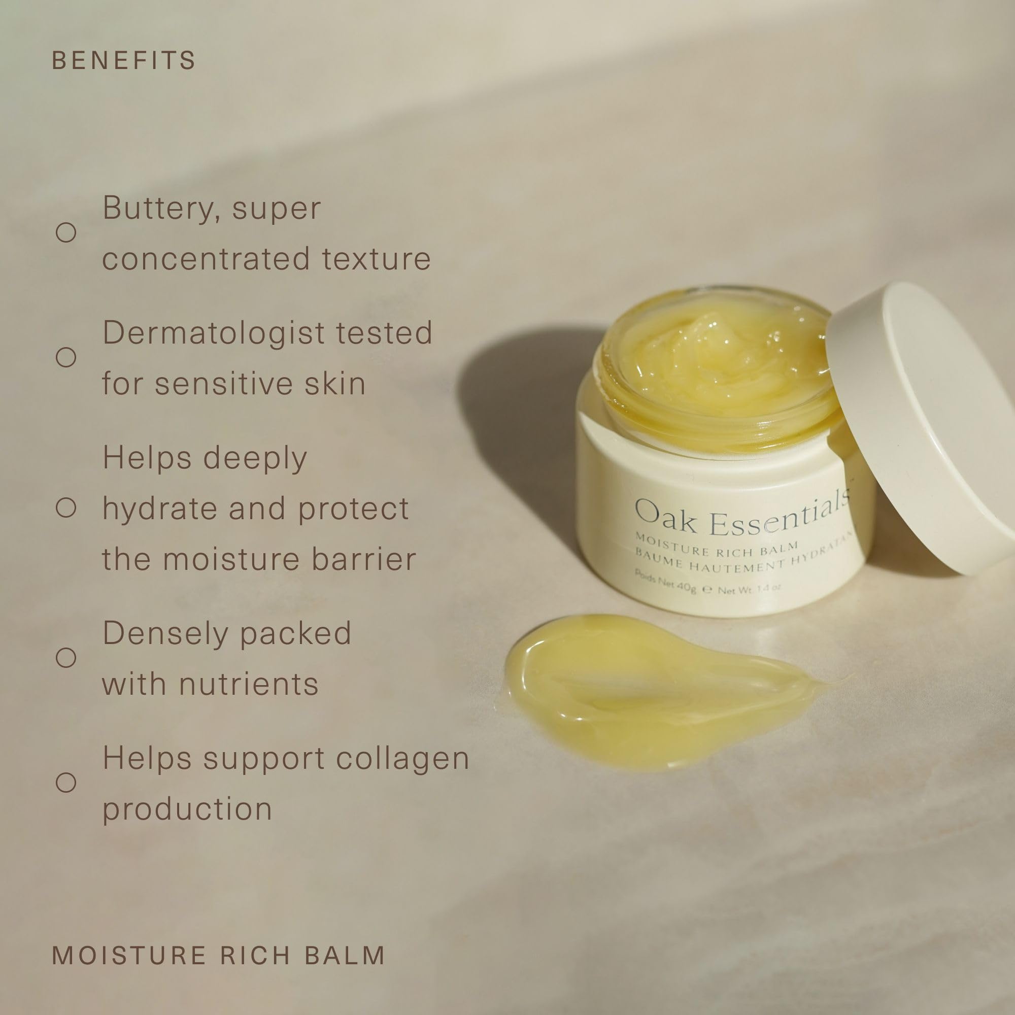 Oak Essentials balm melting in hands to demonstrate fast melt and easy spread