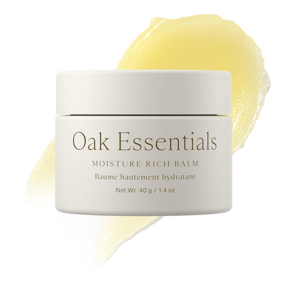 Oak Essentials front jar view showing compact hydrating balm and packaging benefits