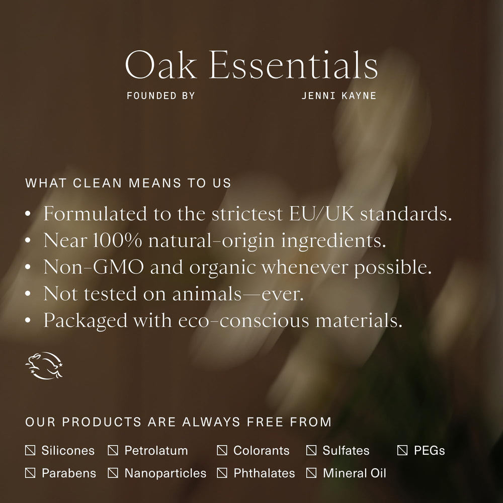 Oak Essentials label close-up highlighting clean-ingredient claims and standards