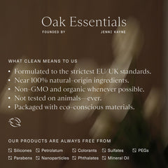 Oak Essentials label close-up highlighting clean-ingredient claims and standards