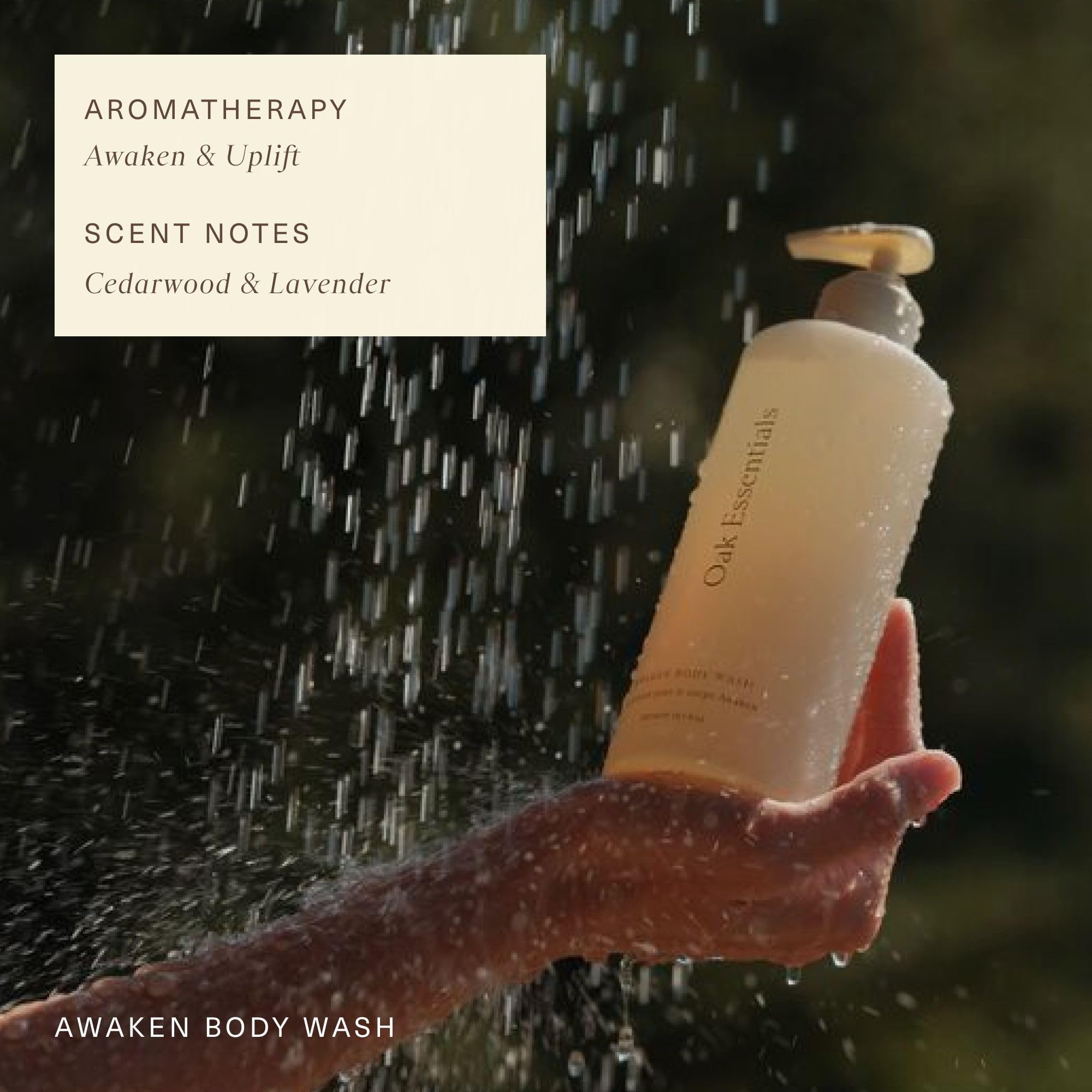 Oak Essentials in shower lifestyle scene, conveying relaxing aromatherapy benefit