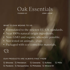 Oak Essentials bottle next to phone for scale, showing 10.1 fl oz size benefit