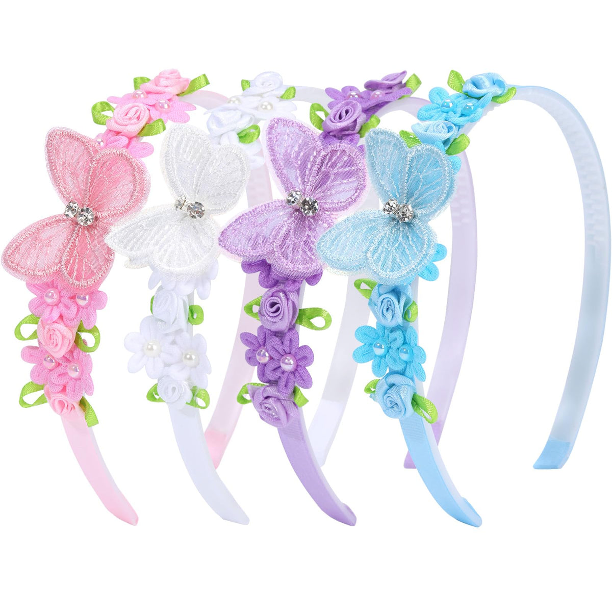 OAOLEER front view of headband set showing butterflies and colors, attractive for gifting