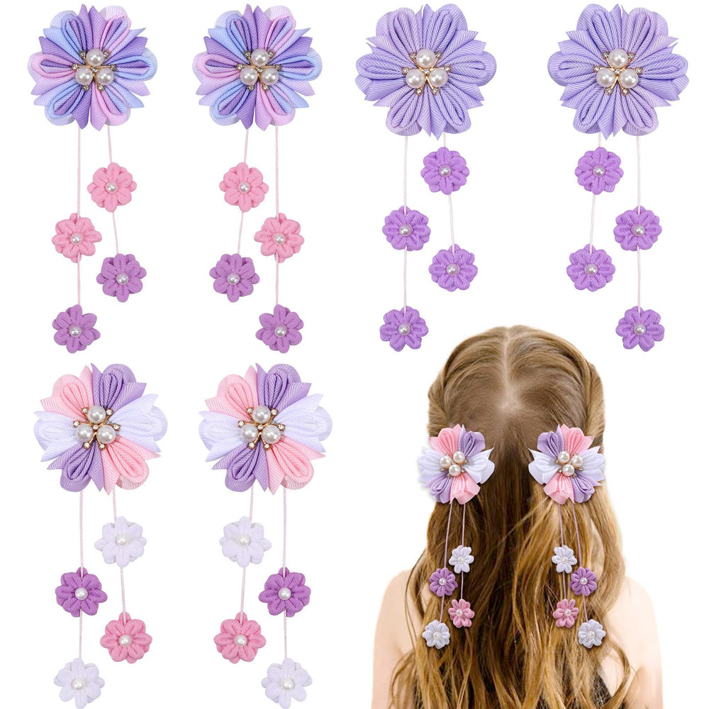 OAOLEER front view of six purple flower ribbon bows, shows full set benefit