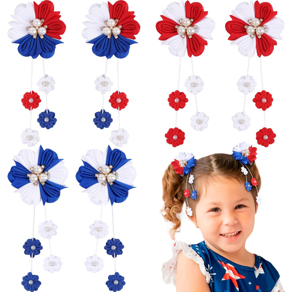 OAOLEER front view of six red white blue flower bows, festive styling benefit