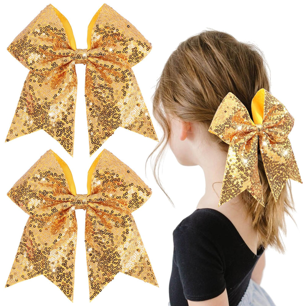 OAOLEER gold cheer bow front view showing bold sparkle and easy styling
