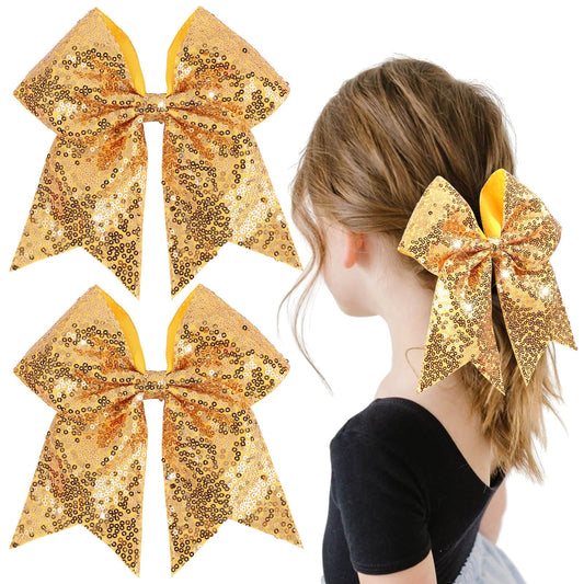 OAOLEER gold cheer bow front view showing bold sparkle and easy styling