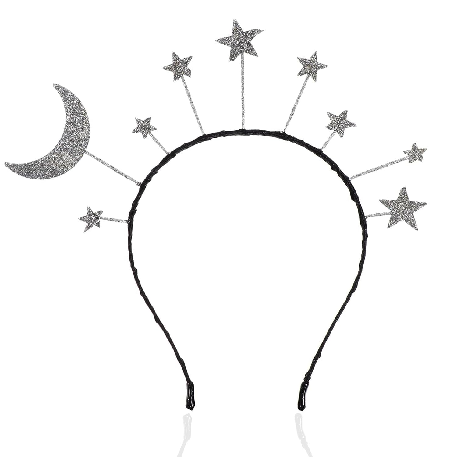 Oarkive front view silver moon headband showing celestial accents and elegant shine