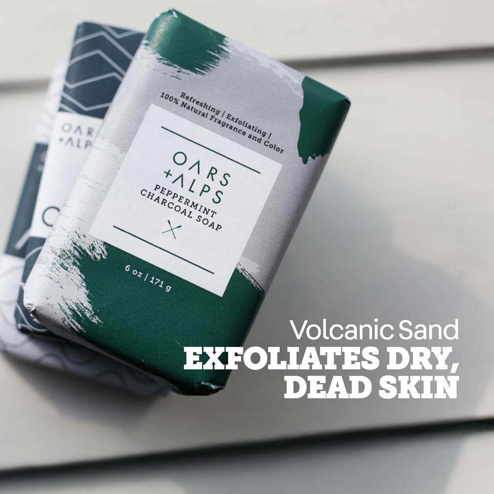 Oars + Alps activated charcoal and spirulina ingredient display for deep clean