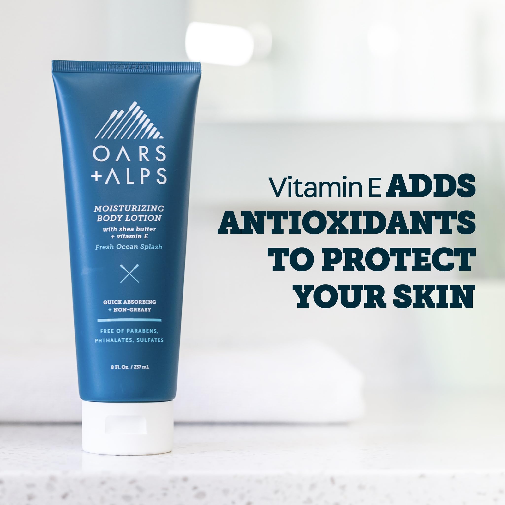 Oars + Alps bottle on bathroom shelf lifestyle shot emphasizing daily grooming benefit