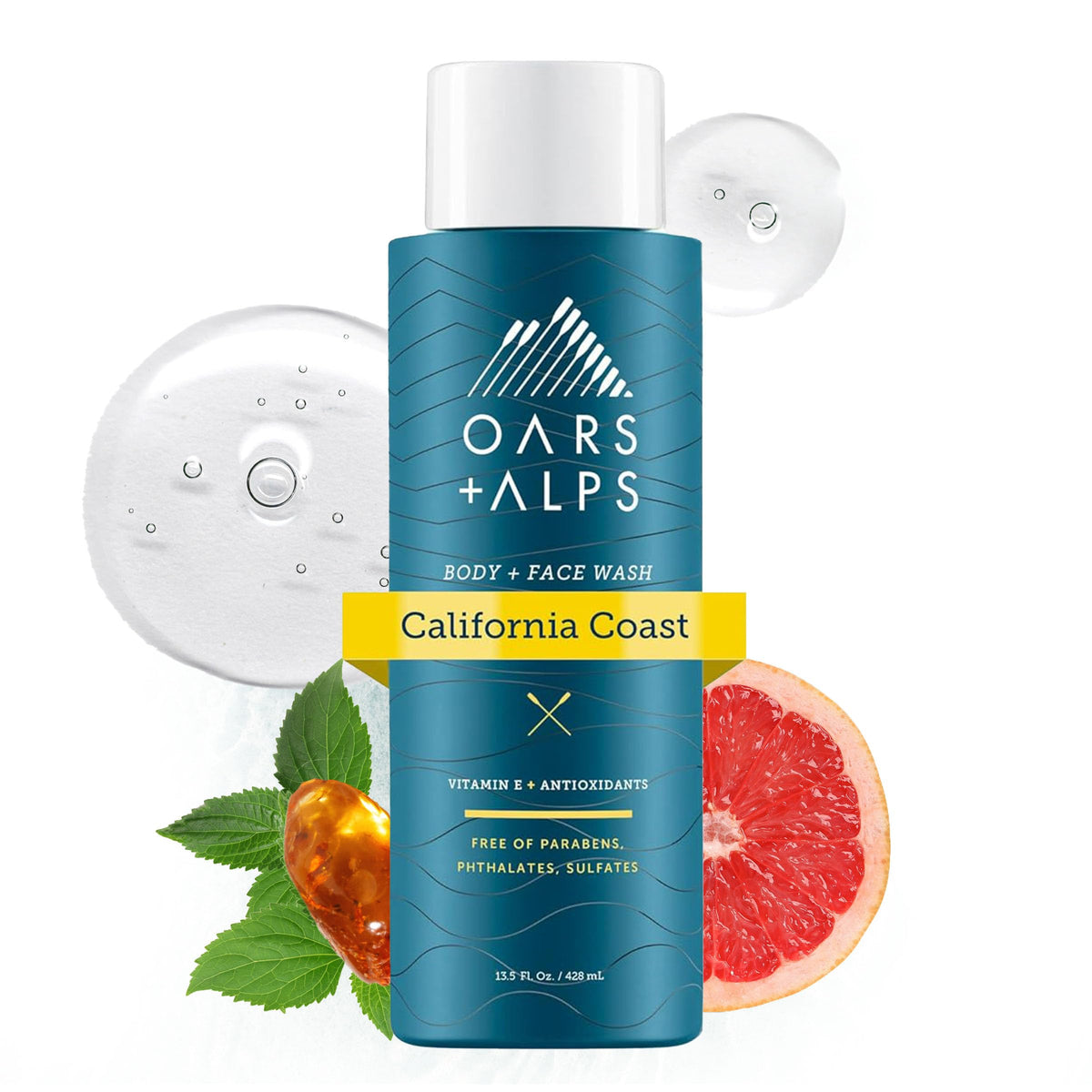 Oars + Alps bottle front view showing California Coast scent and clean packaging benefit