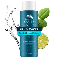Oars + Alps front bottle displaying Fresh Ocean Splash scent and benefits