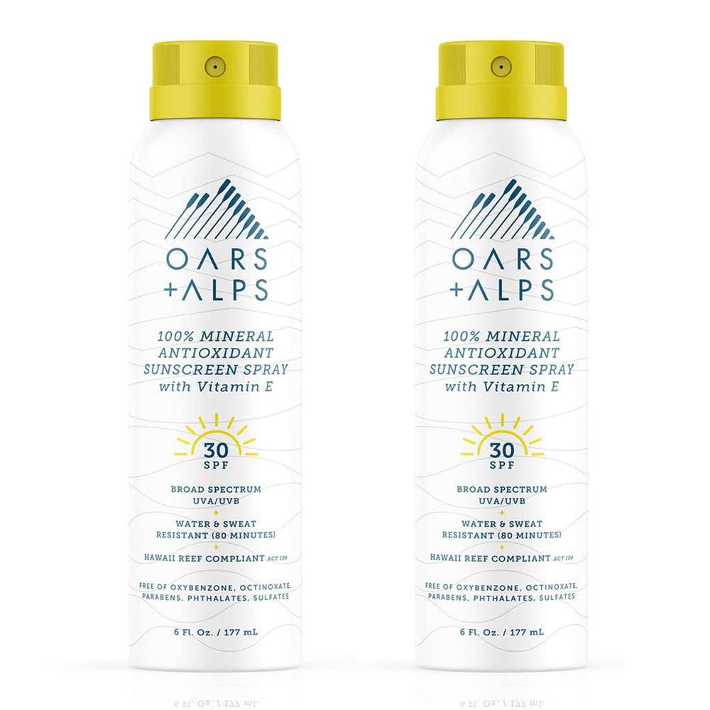 Oars + Alps front packaging showing SPF 30 and spray benefit