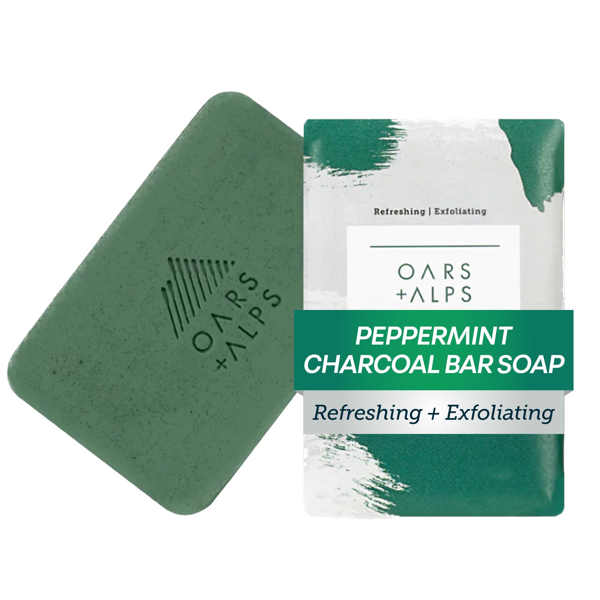 Oars + Alps front packaging showing peppermint charcoal bar and benefits