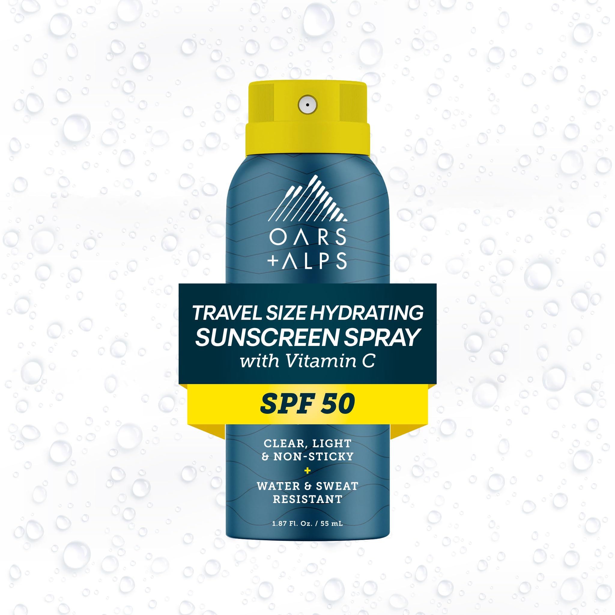 Oars + Alps front packaging showing travel-size spray and SPF benefit