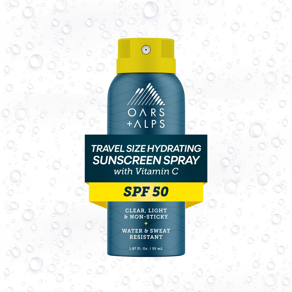 Oars + Alps front packaging showing travel-size spray and SPF benefit