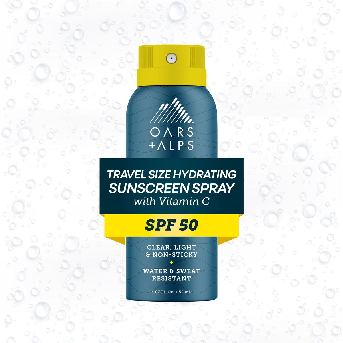 Oars + Alps front packaging showing travel-size spray and SPF benefit