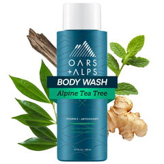 Oars + Alps front bottle shot showing label and Alpine Tea Tree scent benefit