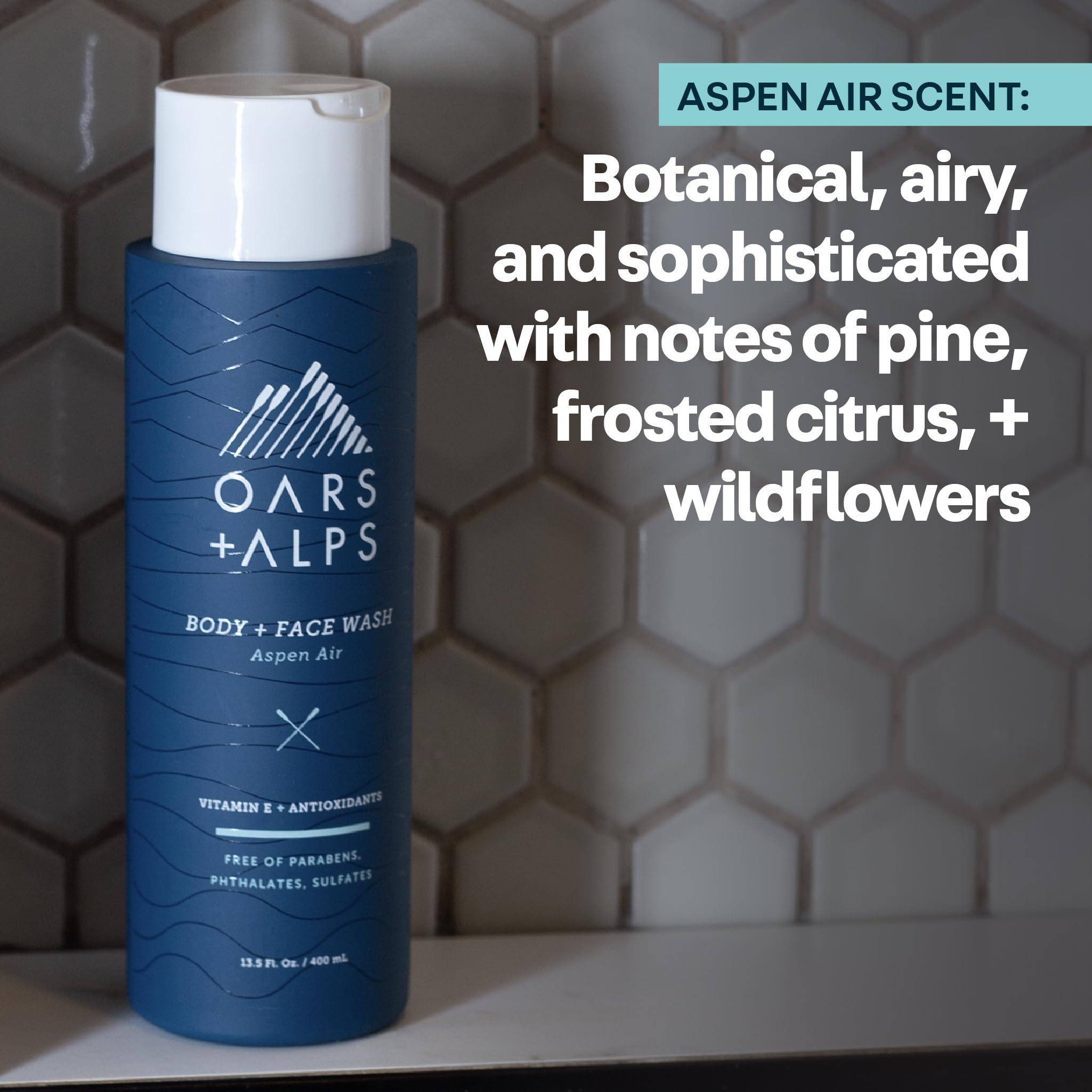 Oars + Alps bottle on bathroom shelf portraying premium lifestyle appeal