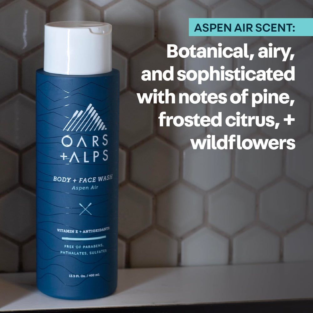 Oars + Alps bottle on bathroom shelf portraying premium lifestyle appeal