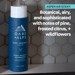 Oars + Alps bottle on bathroom shelf portraying premium lifestyle appeal
