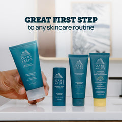 Oars + Alps tube on bathroom vanity suggesting daily skincare routine