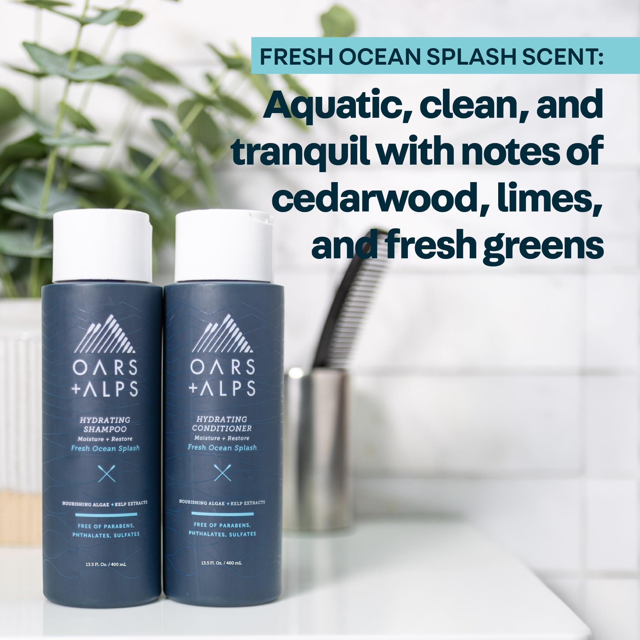 Oars + Alps bottle on bathroom shelf in lifestyle scene conveying daily freshness