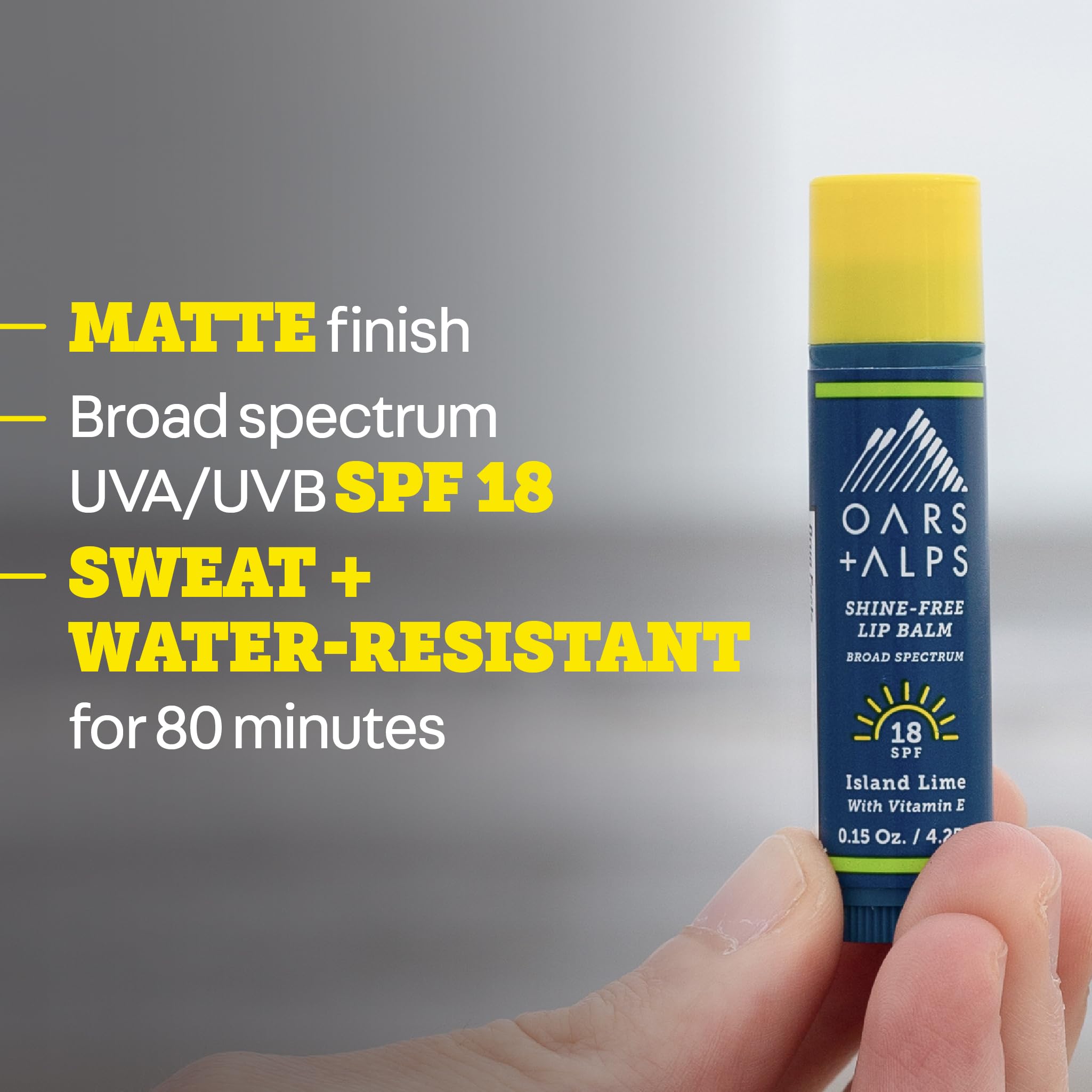 Oars + Alps balm applied to lips demonstrating matte hydration benefit