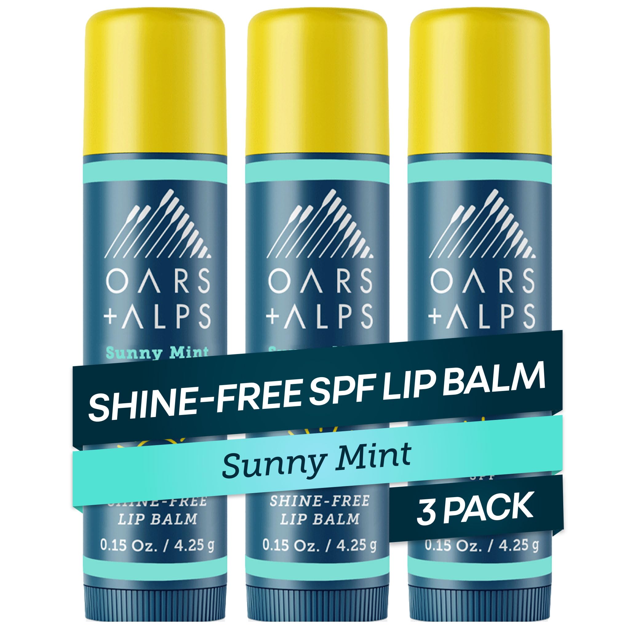 Oars + Alps front packaging showing SPF 18 and 3-pack, protects lips all day