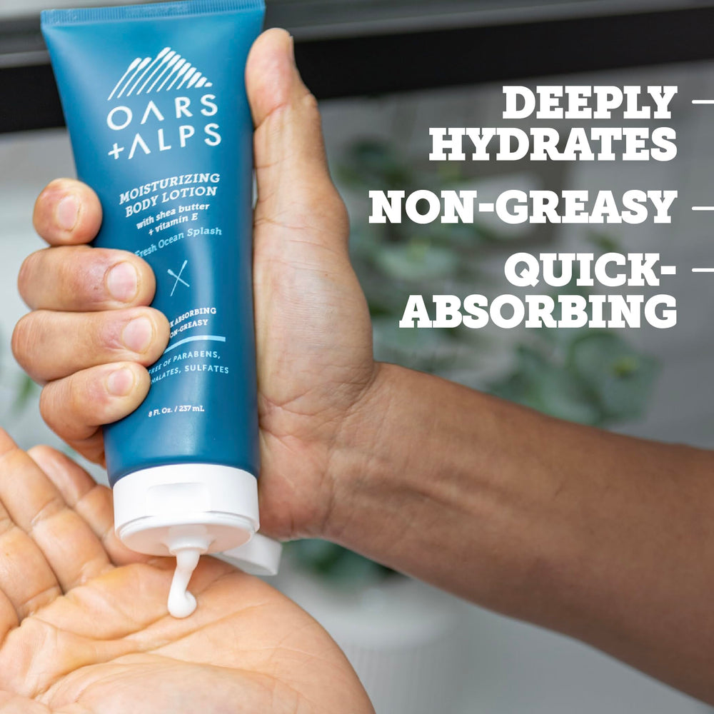 Oars + Alps lotion texture close-up highlighting fast-absorbing, non-greasy finish