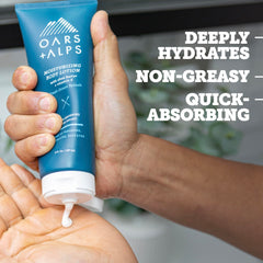 Oars + Alps lotion texture close-up highlighting fast-absorbing, non-greasy finish