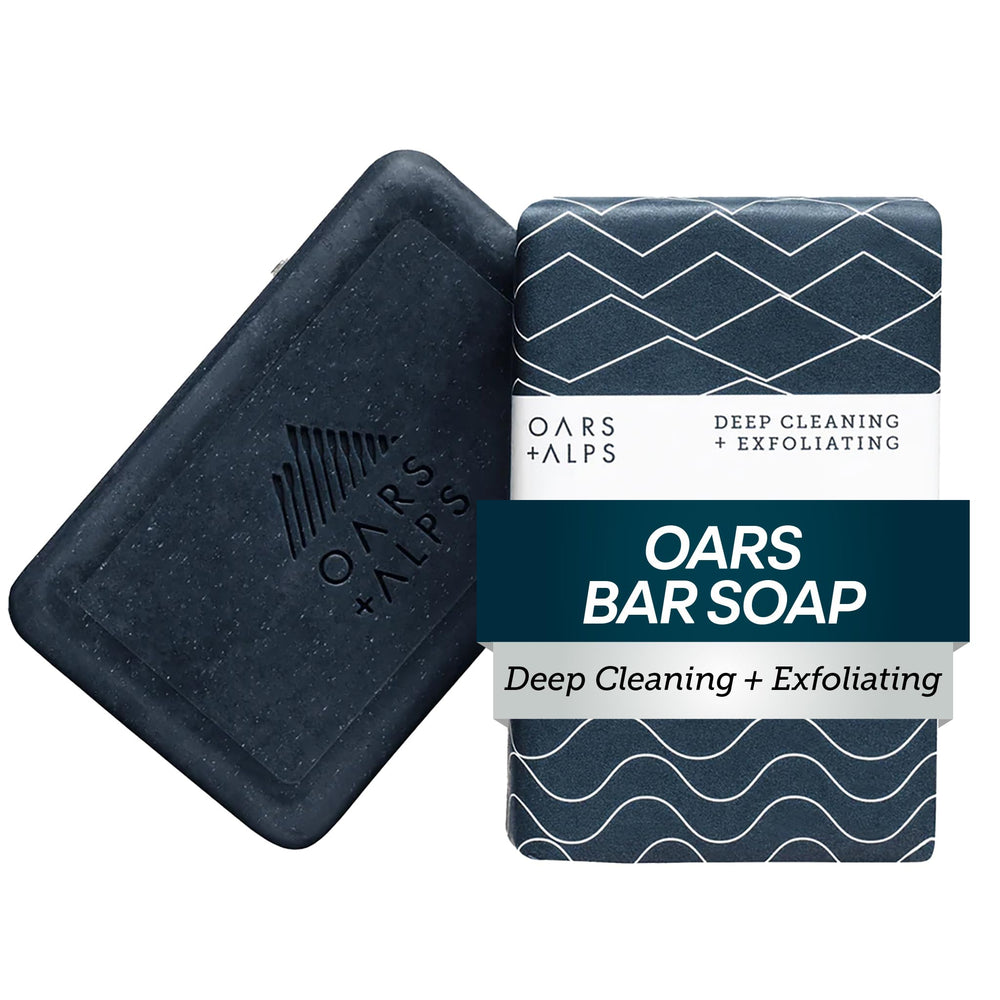Oars + Alps front packaging showing blue charcoal bar and clear benefit