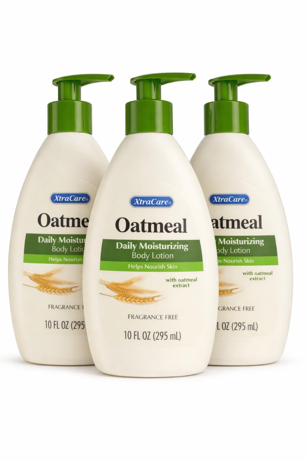 oatmeal Xtra.care front packaging showing three 10 fl oz bottles and benefits