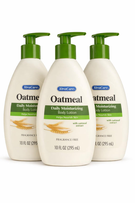 oatmeal Xtra.care front packaging showing three 10 fl oz bottles and benefits