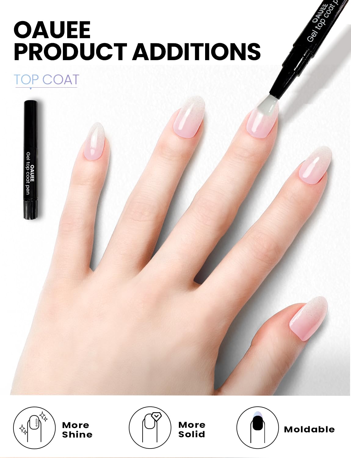 Oauee included tools laid out with file, wooden stick and gel top coat for complete kit