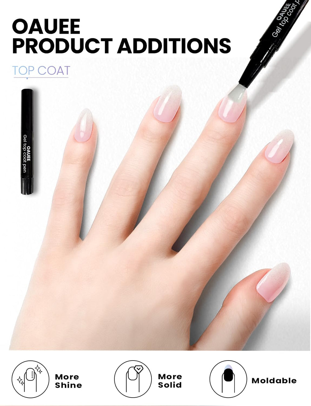 Oauee included tools laid out with file, wooden stick and gel top coat for complete kit