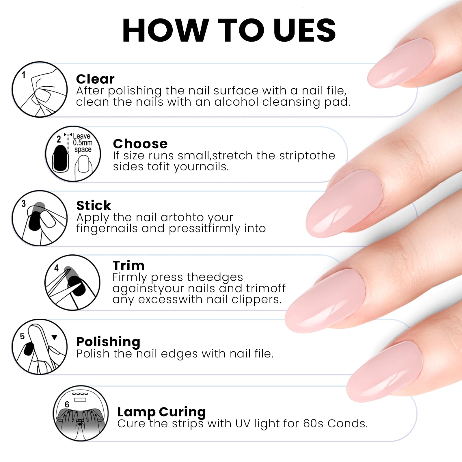 Oauee size comparison chart with strips demonstrating fit for different nail widths