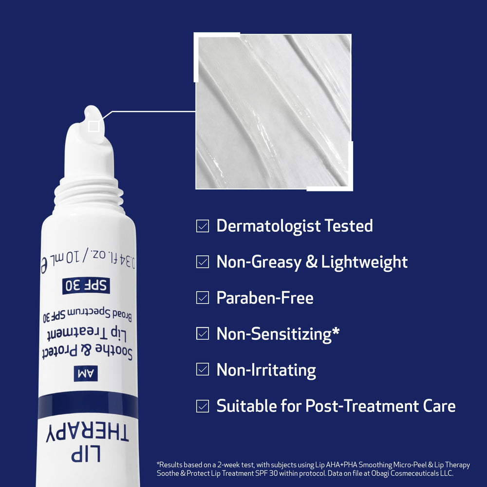 Obagi lip therapy packaging label close-up showing SPF 30 and ingredients