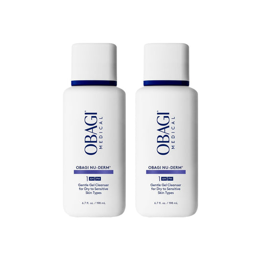 Obagi Medical front packaging showing two gentle cleanser bottles for daily use
