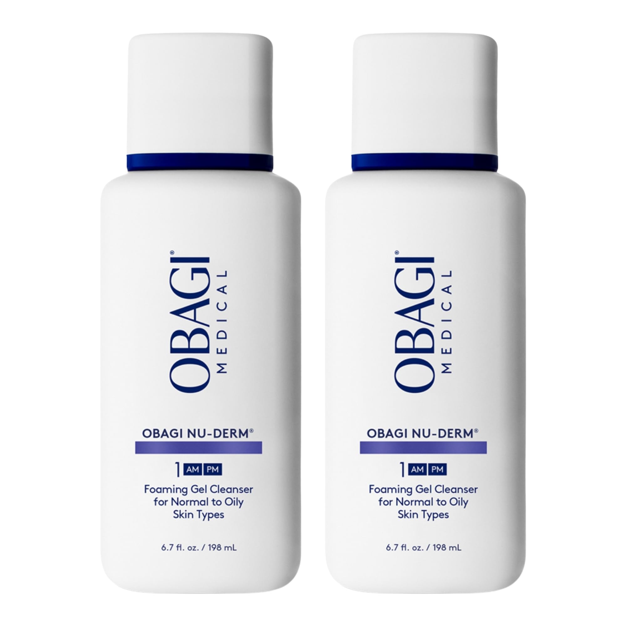 Obagi Medical front packaging showing two bottles and clear labeling benefit: reliable daily cleansing