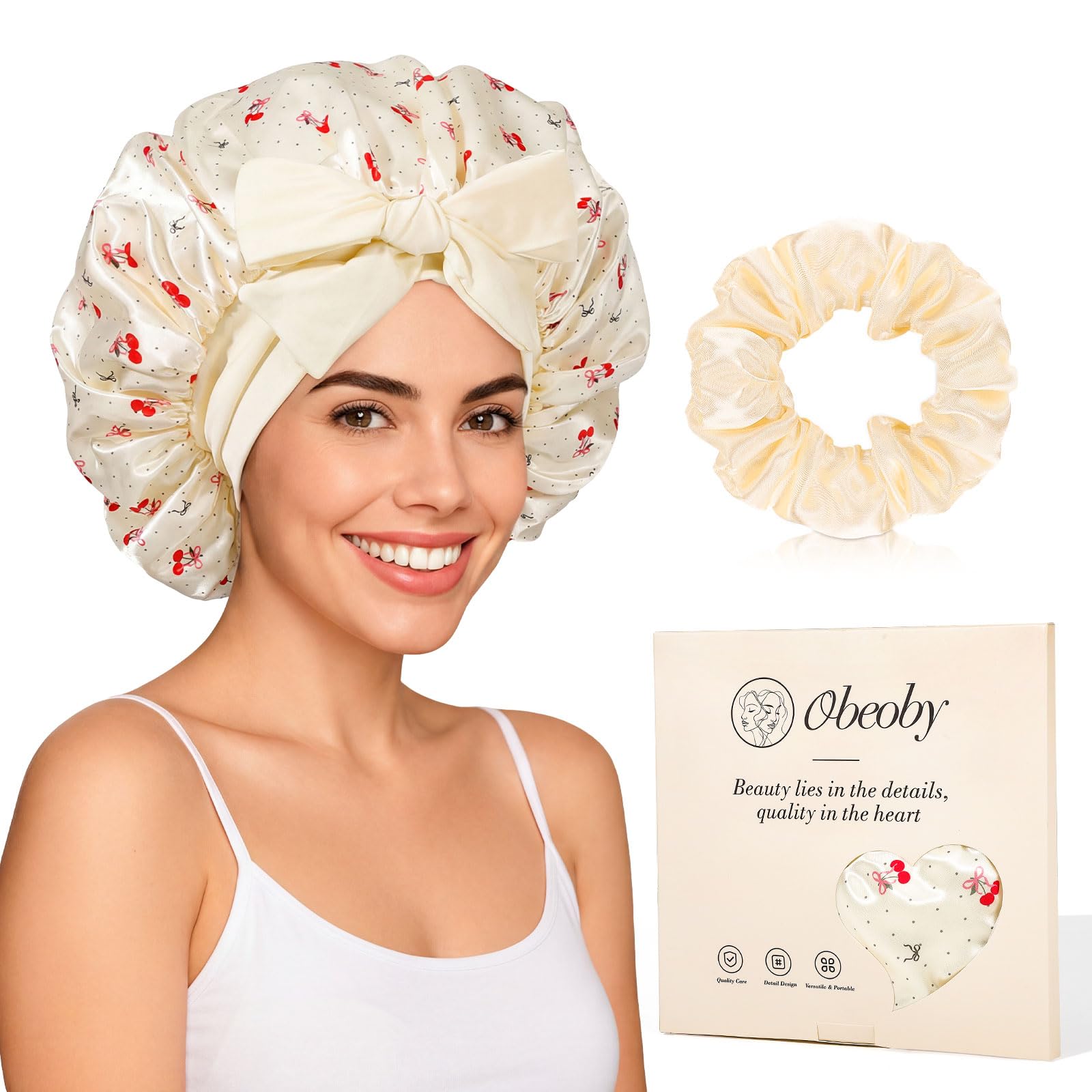obeoby cherry print front view showing full bonnet and decorative pattern for style