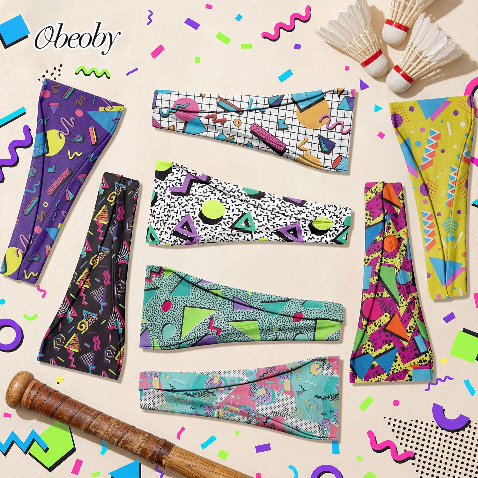 obeoby eight headbands laid flat displaying assorted prints and mix-and-match benefit