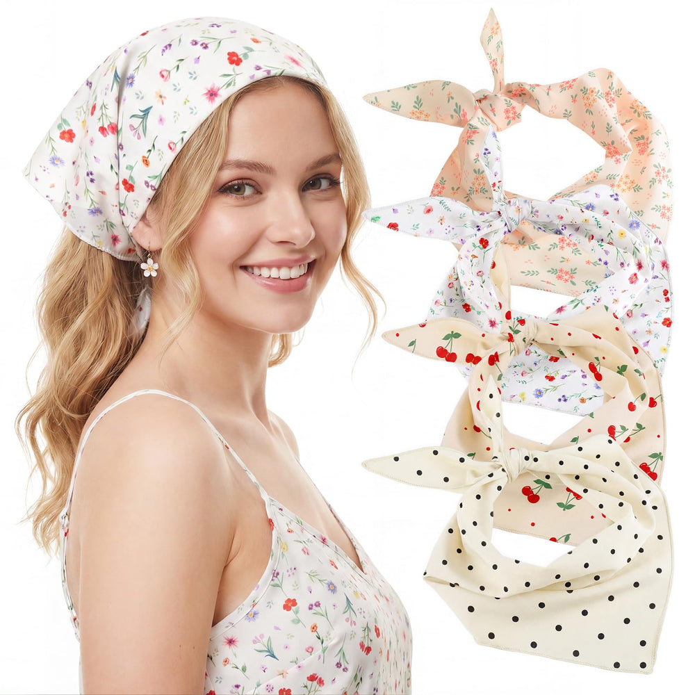 obeoby front view of four floral triangle scarves showing variety and outfit options