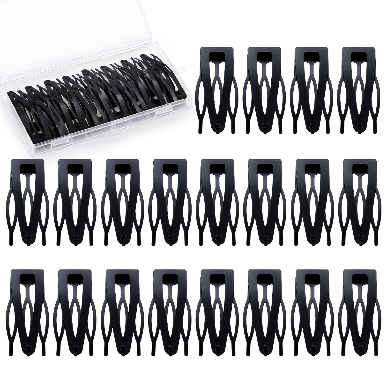 obeoby front packaging showing 20 black snap clips and clear storage box for neat storage