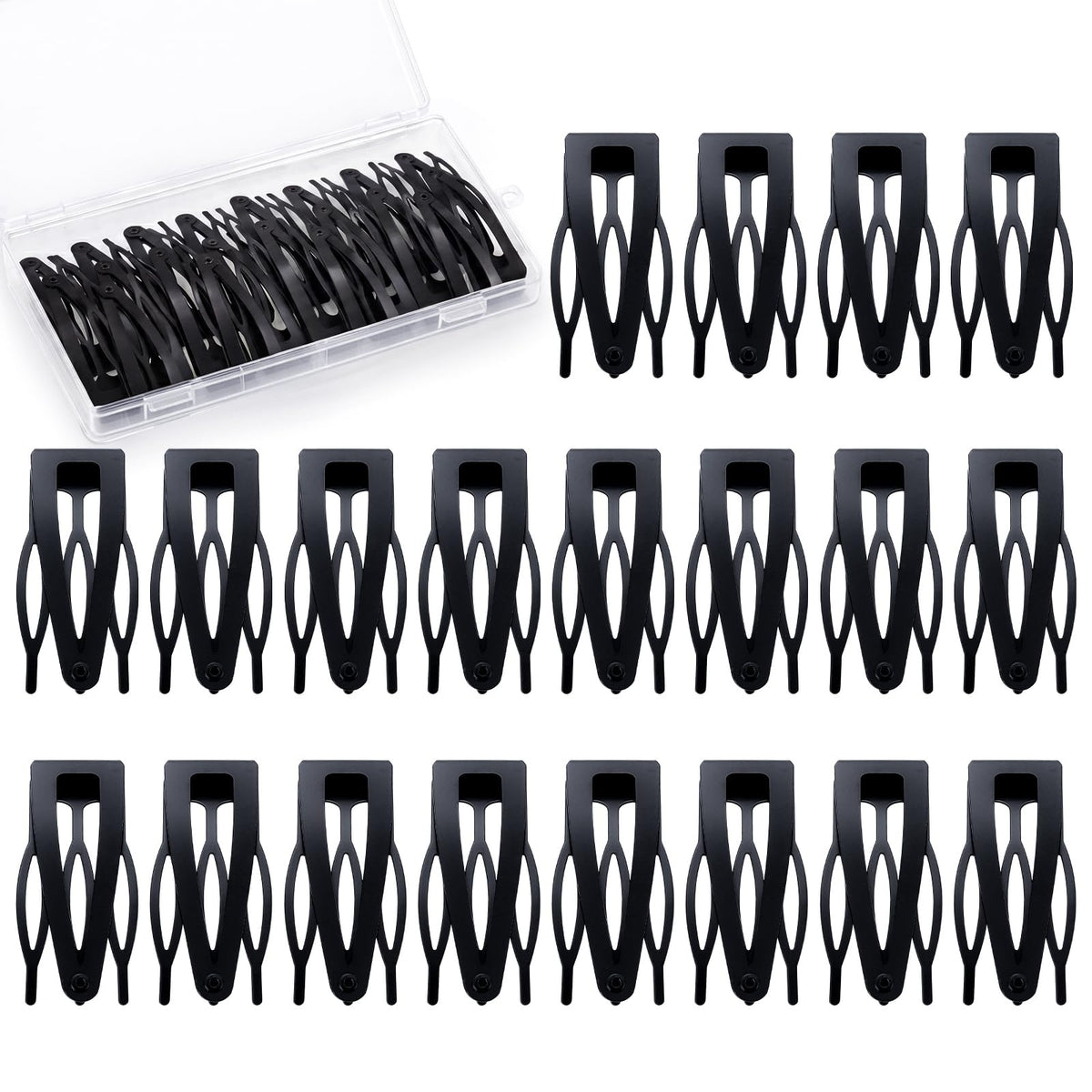 obeoby front packaging showing 20 black snap clips and clear storage box for neat storage