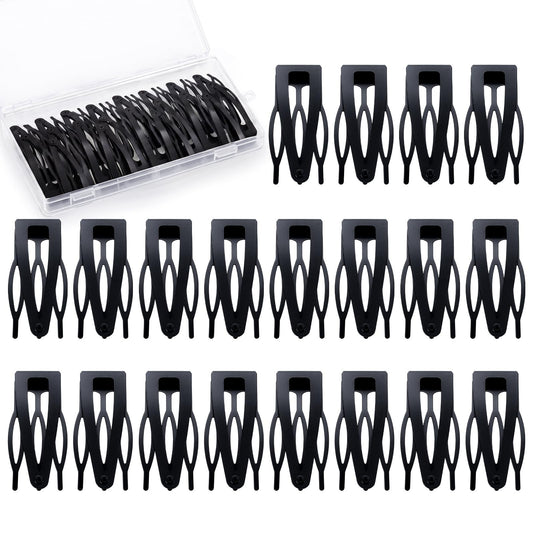 obeoby front packaging showing 20 black snap clips and clear storage box for neat storage