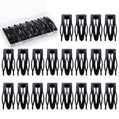 obeoby front packaging showing 20 black snap clips and clear storage box for neat storage